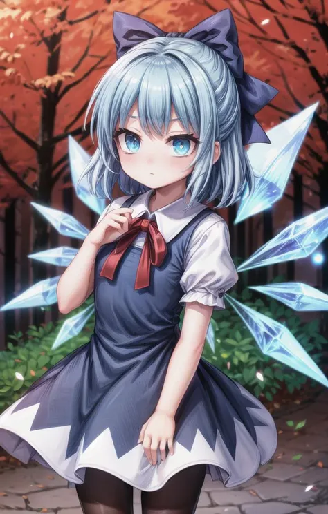 1 girl,cute,(looking at viewer:1.0), adorabel girl,cute face,details sky,handsome,young,juvenile,((masterpiece:1.4,best quality)),multiple details,eyeshadow,sfw, (medium shot:1.5),
gradiant eyes, hazel eyes, (long black lycra pantyhose:1)
lora:add_detail:0.8>, <lora:more_details:0.4>, <lora:cirno:0.8>, forest, (night:1.2)
blue hair,hair bow,(blue dress:1.4),short sleeves, ice wings,red bowtie,cirno
