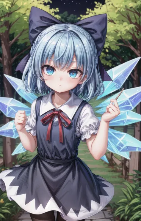 1 girl,cute,(looking at viewer:1.0), adorabel girl,cute face,details sky,handsome,young,juvenile,((masterpiece:1.4,best quality)),multiple details,eyeshadow,sfw, (medium shot:1.5),
gradiant eyes, hazel eyes, (long black lycra pantyhose:1)
lora:add_detail:0.8>, <lora:more_details:0.4>, <lora:cirno:0.8>, forest, (night:1.2)
blue hair,hair bow,(blue dress:1.4),short sleeves, ice wings,red bowtie,cirno