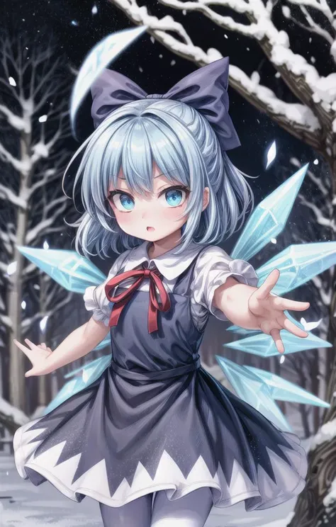 1 girl,cute,(looking at viewer:1.0), adorabel girl,cute face,details sky,handsome,young,juvenile,((masterpiece:1.4,best quality)),multiple details,eyeshadow,sfw, (medium  shot:1.5),
gradiant  eyes, hazel eyes, (long black lycra pantyhose:1)
lora:add_detail:0.8>,  <lora:more_details:0.4>, <lora:cirno:0.8>, snowy forest, (night:1.2), frosted trees
blue hair,hair bow,(blue dress:1.4),short sleeves, ice wings,red bowtie,cirno
