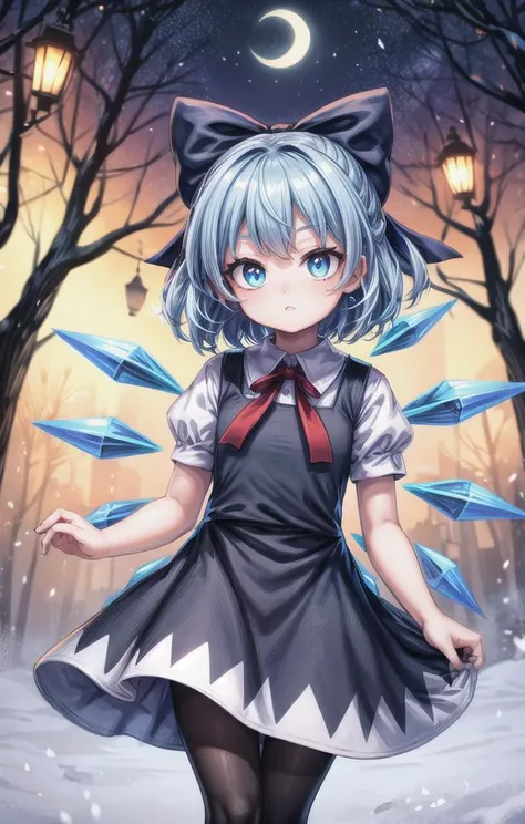 1 girl,cute,(looking at viewer:1.0), adorabel girl,cute face,details sky,handsome,young,juvenile,((masterpiece:1.4,best quality)),multiple details,eyeshadow,sfw, (medium shot:1.5),
gradiant eyes, hazel eyes, (long black lycra pantyhose:1)
lora:add_detail:0.8>, <lora:more_details:0.4>, <lora:cirno:0.8>, snowy forest, (night:1.2), frosted trees
blue hair,hair bow,(blue dress:1.4),short sleeves, ice wings,red bowtie,cirno