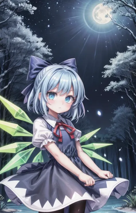 1 girl,cute,(looking at viewer:1.0), adorabel girl,cute face,details sky,handsome,young,juvenile,((masterpiece:1.4,best quality)),multiple details,eyeshadow,sfw, (medium shot:1.5),
gradiant eyes, hazel eyes, (long black lycra pantyhose:1)
lora:add_detail:0.8>, <lora:more_details:0.4>, <lora:cirno:0.8>, snowy forest, (night:1.2), frosted trees
blue hair,hair bow,(blue dress:1.4),short sleeves, ice wings,red bowtie,cirno