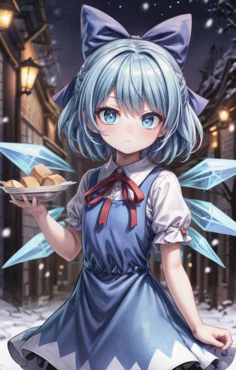 1 girl,cute,(looking at viewer:1.0), adorabel girl,cute face,details sky,handsome,young,juvenile,((masterpiece:1.4,best quality)),multiple details,eyeshadow,sfw, (medium shot:1.5),
gradiant eyes, hazel eyes, (long black lycra pantyhose:1)
lora:add_detail:0.8>, <lora:more_details:0.4>, <lora:cirno:0.8>, snowy forest, (night:1.2), frosted trees
blue hair,hair bow,(blue dress:1.4),short sleeves, ice wings,red bowtie,cirno