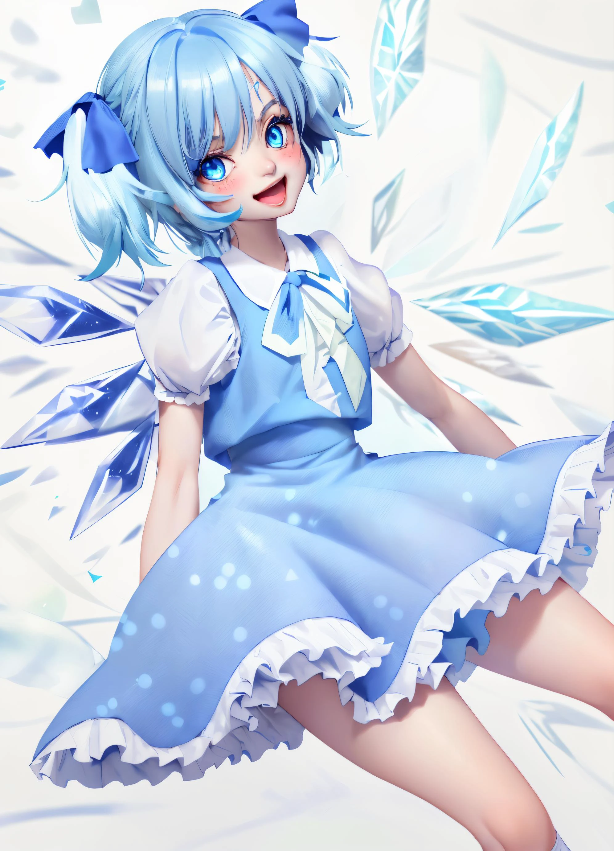 ice, blue eyes, skirt, smile, blush, simple background, shirt, solo, matching hair/eyes, white background, petticoat, looking at viewer, blue hair, ribbon, twintails, wings, ice wings, open mouth, cirno, skirt set, 1girl, short sleeves, puffy sleeves, hair ribbon, vest <lora:cirno:0.8> ,circled 9,petticoat,ice wings,white background,smile,open mouth,ai \(boredom\),simple background,1girl,twintails,vest,looking at viewer,blue hair,blue eyes,ribbon,ice,cirno,skirt,blush,puffy sleeves,wings,alternate hairstyle,solo,skirt set,shirt,short sleeves,hair ribbon,matching hair/eyes,touhou,highres