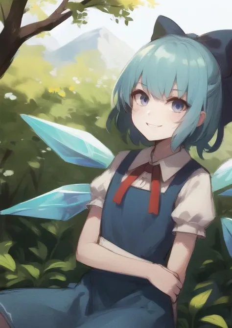 (masterpiece, best quality:1.2), extremely detailed, soft ambient lighting, sharp focus, 4K, BREAK <lora:cirno:0.8>, cirno, 1girl, blue hair, hair bow ,blue dress, short sleeves, ice wings, red bowtie, BREAK outdoors, nature, spring, daylight, looking at viewer, happy, smile, smug, dominant, standing, crossed arms, leg space, BREAK <lora:flaccidv2:0.4>, futanari, huge penis, long penis, veins, huge testicles, flaccid, penis to the knees
