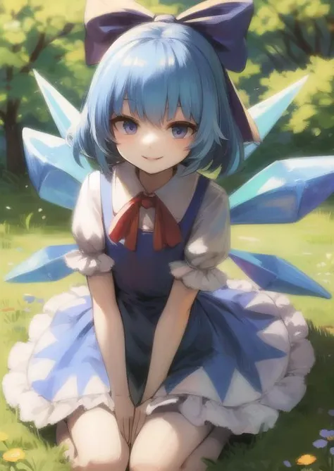 (masterpiece, best quality:1.2), extremely detailed, soft ambient lighting, sharp focus, 4K, BREAK <lora:cirno:1>, cirno, 1girl, blue hair, hair bow ,blue dress, short sleeves, ice wings, red bowtie, BREAK outdoors, nature, spring, daylight, looking at viewer, happy, smile, smug