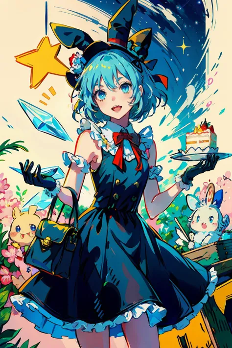 masterpiece, best quality, <lora:cirno:1>,blue hair, cirno, multiple girls, blue eyes, wings, hat, gloves, food, bow, short hair, hair bow, dress, ice wings, 2girls, fairy, barefoot, fruit, top hat, black gloves, star (symbol), strawberry, long hair, blue dress, mini hat, sleeveless, ice, alternate costume, white headwear, holding, cake, bag, open mouth, blue bow, fairy wings, night, book, smile, ribbon, bowtie, rabbit, frills, red bow, flower, minigirl, 3girls, chain, english text, mini top hat, sleeveless dress, hair between eyes, white rabbit (alice in wonderland), outdoors, star (sky), looking at another, animal ears, full body, paper, 1girl, pocket watch, bangs, standing, closed mouth