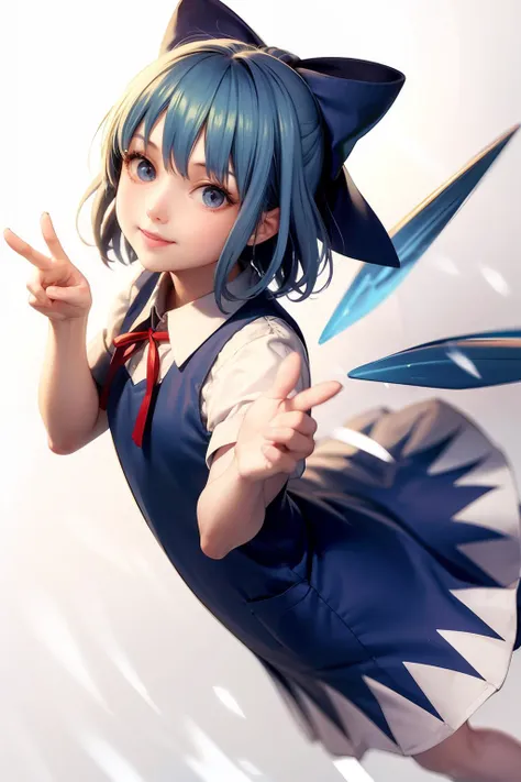 masterpiece, best quality,  <lora:cirno:1>,1girl,smile,cirno,flying, blue eyes,ice wings,snow,grey background, simple background,