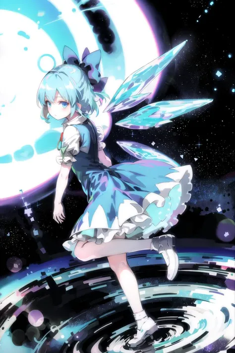 <lora:cirno:1>, cirno, (looking at viewer:1.3), from side, (full body:1.4), (backlighting, drop shadow, bloom, high contrast, lens flare, chromatic abberation:1.0), (flat color:0.9), (high quality, best quality:1.3), (night sky, space)