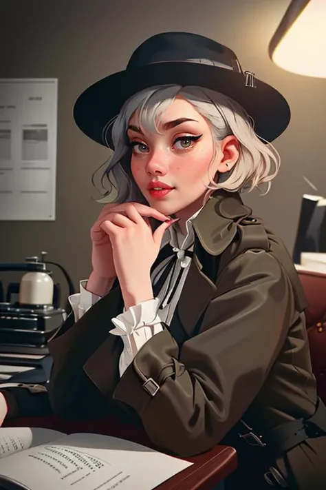 DEN_moonlighty_OF,
(a 1940s private investigator wearing a trench coat and rimmed hat sitting in a drab dank office at the desk using a typewriter, private investigator, 1940s:1.2),
bokeh, f1.4, 40mm, photorealistic, raw, 8k, textured skin, skin pores, intricate details  <lora:epi_noiseoffset2:1>, epiCRealism