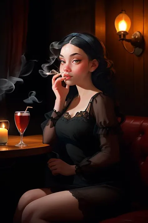 DEN_moonlighty_OF,
(sitting in a smoky bar drinking a glass of wine wearing a cocktail dress smoking a cigarette, lowlighting, atmospheric, candle light, smoking, cigarette, nightie, evening, bar at night, smoke:1.2),
bokeh, f1.4, 40mm, photorealistic, raw, 8k, textured skin, skin pores, intricate details <lora:epi_noiseoffset2:1>, epiCRealism <lora:ClothingAdjuster3:-1>