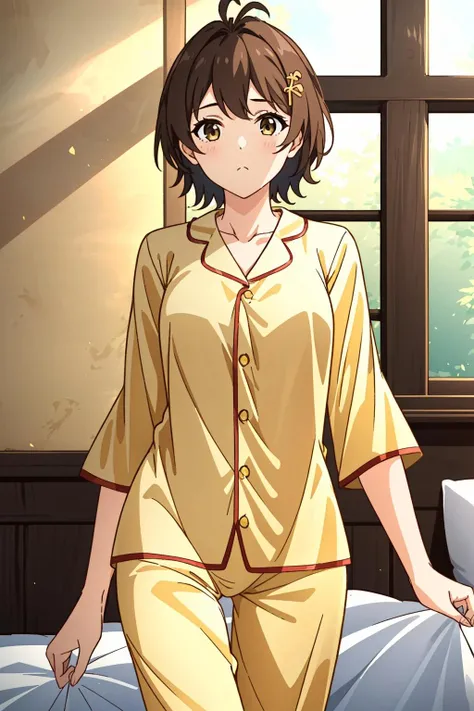 <lora:VierRa-000006:0.4:LBW=JSH>,1girl,VierRa,brown hair,short hair,hair ornament,brown eyes,solo,armlet,antenna hair,(yellow pajamas:1.4),ass visible through thighs,:>,, Exquisite visuals, high-definition,masterpiece,best quality,