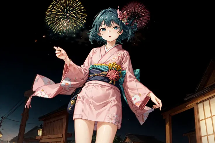 KurokiMisa/(denchi_project/),1girl, solo, looking at viewer,traight-on, cowboy shot, <lora:KurokiMisa(denchi_project)V4:0.7>, (pink kimono:1.2), fireworks, night,firework background, detailed eyes, <lora:add_detail:1>