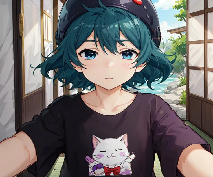 KurokiMisa/(denchi_project/),1girl, solo, looking at viewer,outdoors,<lora:KurokiMisa(denchi_project)V4:0.6>, purple shirt,military helmet, hat ornament, out of frame, selfie, tatami,