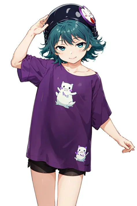 KurokiMisa/(denchi_project/),1girl, solo, smile, looking at viewer,outdoors, straight-on, cowboy shot, <lora:KurokiMisa(denchi_project)V4:0.8>,military helmet,hat ornament,purple shirt,
