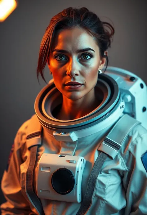 realistic photo of a woman, looking at viewer, standing, looking at the viewer, ultra high quality, very detailed skin (wrinkles, skin pores:1.1), sharp focus, highly detailed, skin details, 1girl, solo, wearing a large astronaut suit, astro style, nasa style