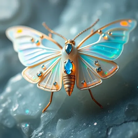 masterpiece, 4k, 8k, sharp, a professional close up picture of a luxury epoxy moth made of opal like product visualization, it has tiny gems on it and crystals that are cyan, the light is cinematic and like a studio lighting. the moth is on a motion design background opalescence