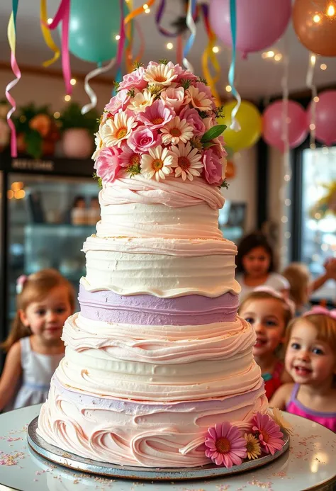 In a beautifully decorated bakery, nestled on a bustling street corner, a stunning multi-layered birthday cake takes center stage, its layers towering high like a delicious architectural marvel. Each tier is generously frosted with silky smooth buttercream, intricately swirled in soft pastels of lavender, pale pink, and creamy white that blend harmoniously together. Adorning the top is a cascade of fresh, vibrant flowers, including delicate roses and cheerful daisies, their petals glistening with droplets of morning dew. 
As you approach the cake, the sweet aroma of vanilla and rich chocolate wafts through the air, enticing your senses. The cake's outer layer is embellished with a delicate gold leaf, catching the light and adding an air of elegance. Sprinkles of edible glitter shimmer like stardust, creating a whimsical effect that captures the joy of celebration.
Around the cake, a festive scene unfolds with colorful streamers and balloons hanging from the ceiling, their bright colors reflecting the anticipation of the joyful gathering. Laughter and chatter fill the atmosphere as excited children await the moment when the cake is cut, their eyes wide with delight. The soft glow of twinkling fairy lights casts a warm ambiance, enhancing the cheerful mood as loved ones come together to celebrate the special day.