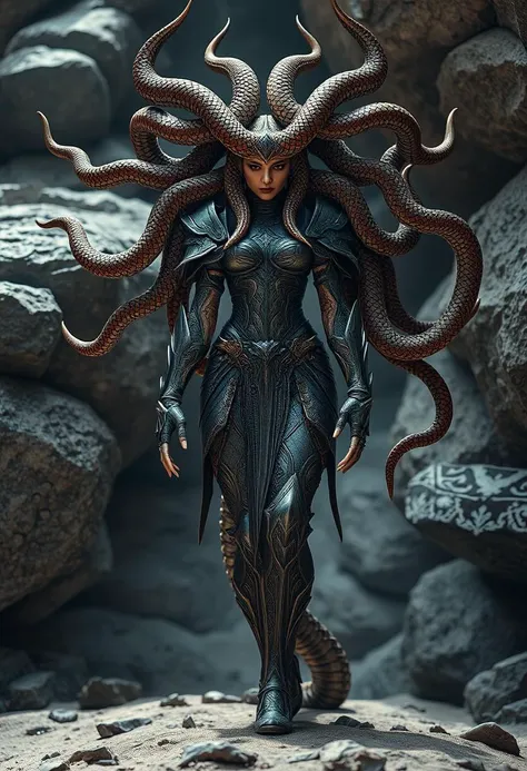 photorÃ©alistic highly detailed  high-resolution photo "Wormâs-eye view" shot  featuring a((full body-shot))of a beautyful  of Lady Vashj a gorgone: a woman, with snakes as hair , the body af a human woman , and a snake tail as legs. She wears a full body armor