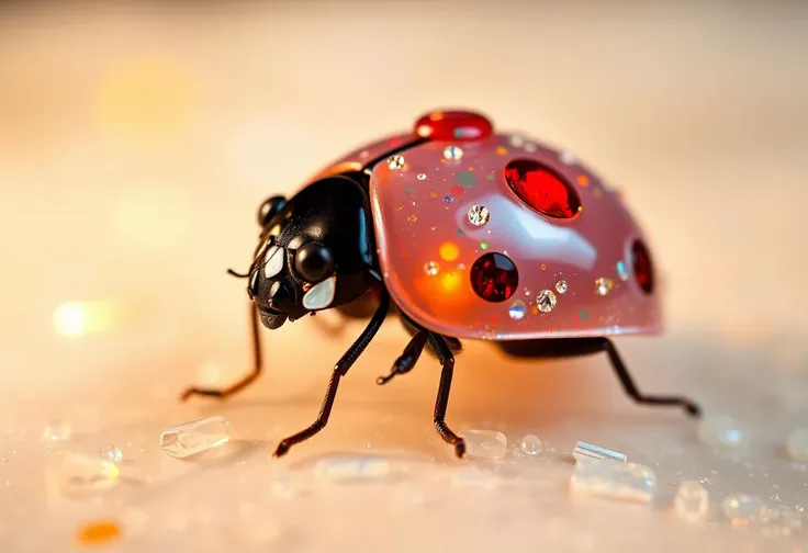 masterpiece, 4k, 8k, sharp, a professional close up picture of a luxury epoxy ladybug made of opal like product visualization, it has tiny gems on it and crystals that are red, the light is cinematic and like a studio lighting. the ladybug is on a motion design background opalescence. 