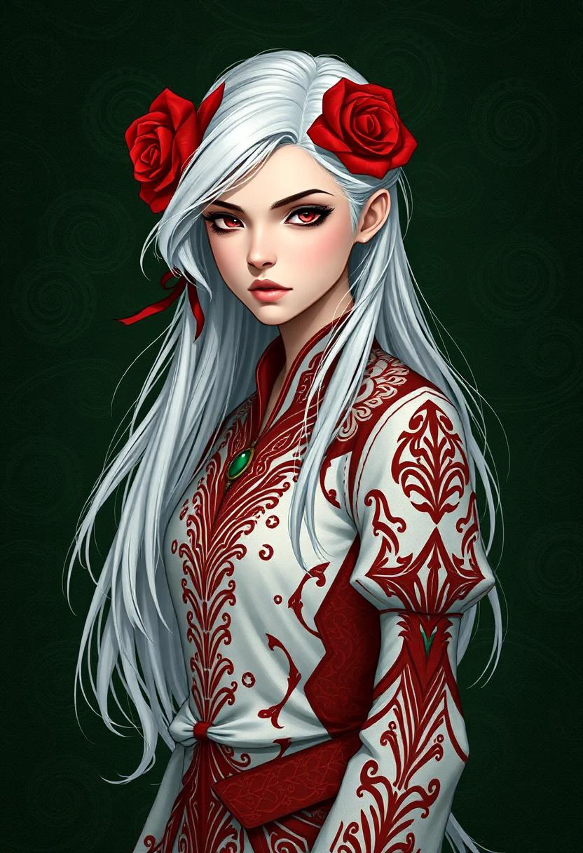 young woman with long white hair and a red rose in her hair. She is wearing a white and red outfit with intricate patterns and designs. The woman has a serious expression on her face and is looking directly at the viewer. The background is a dark green color with a pattern of swirls and lines.