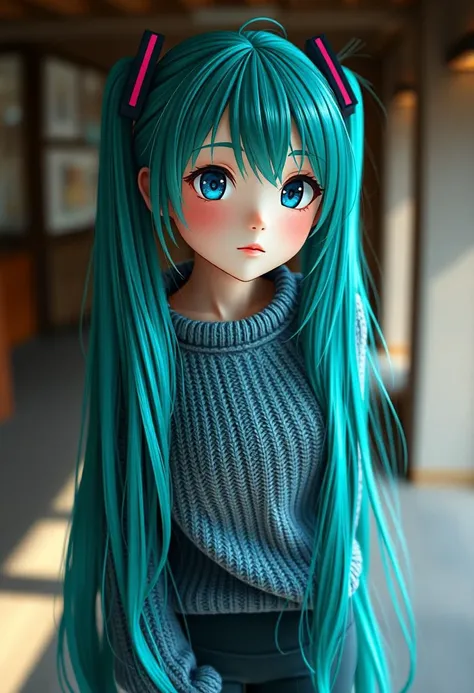 realistic photo of a hatsune miku, standing, looking at viewer, ultra high quality, very detailed skin (wrinkles, skin pores:1.1), sharp focus, highly detailed, skin details, long green|blue hair, wearing a sweater, wearing yoga pants, medium full shot