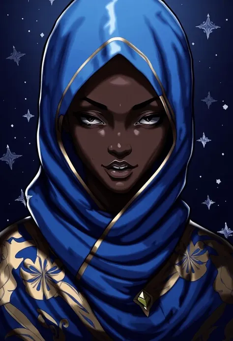 MikeyPie Art \(Artist\), An african woman wears a cerulean and cobalt robe with gold embellishments, her enigmatic face framed by a hood. Her eyes hold untold stories amidst an inky void punctuated by starlike silver sparkles. Tenebrist lighting highlights her stoic beauty, robe details, and ethereal elegance.