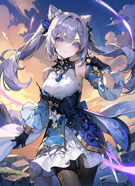1girl, anime screencap,
(extremely_beautiful_and_delicate:1.3),(pastel:1.6),(official_art:1.3),(illustration:1.6),(masterpiece:1.2),(best_quality:1.3),(dynamic_angle_and_pose:1.0),
keqing \(piercing thunderbolt\) \(genshin impact\), keqing \(genshin impact\),channels the power of the elements through her sword, sending waves of energy rippling through the air. She moves with incredible speed and agility, striking with deadly precision and sending her opponents flying with each devastating blow, atop a high mountain peak, with the clouds and lightning swirling around her. The wind whips through her hair as she charges towards her opponent, her sword crackling with energy.<lora:keqingGenshinImpact3in1_v10:1>
pantyhose, hair bun, purple hair, gloves, twintails, long hair, purple eyes, diamond-shaped pupils, bare shoulders, hair ornament, black pantyhose, cone hair bun, detached sleeves,dress, jewelry, medium breasts, earrings, bangs, frills, purple dress, black gloves, braid, skirt,
(extremely_beautiful_and_delicate:1.3),
(4K:1.3),++//++//++,++//++//++//++//,(extremely_beautiful_and_delicate:1.1),(ultra_detailed:1.3),(delicate:1.3),(realistic:1.0),
(beautiful_eyes:1.3),(beautiful_face:1.3),(beautiful_hair:1.3),(direct_lighting:1.6),sharp,
<lora:sikiStyle_v10:1.4:OUT10> <lora:animeStyleLoraWith_bfcsimplifierTest:-0.3:OUT8>