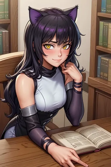 (masterpiece, best quality:1.2), upper body, solo, 1girl, blake belladonna, slight smile, closed mouth, looking at viewer, elbows on table, cat ears, sleeveless shirt, detached sleeve, kneeling, reading book, library, blush, looking away, <lora:Char - BlakeBelladonna:1>