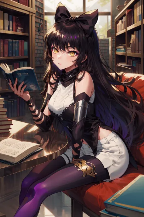 masterpiece,best quality,1girl,blake belladonna,black hair,yellow eyes,black hair bow,sleeveless shirt,detached sleeve,pantyhose,legwear under white shorts,expressionless,reading,sitting,library,<lora:rwby_belladonna:1>,