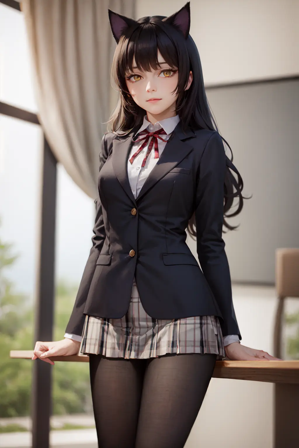 (masterpiece, best quality:1.2), <lora:rwby_belladonna-10:1>, solo, 1girl, blake belladonna, slight smile, closed mouth, looking at viewer, cat ears, school uniform, black blazer, neck ribbon, plaid skirt, pantyhose