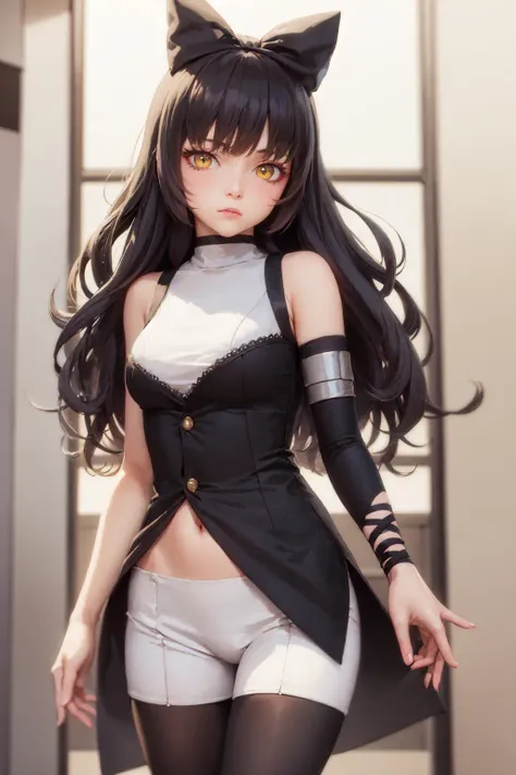 (masterpiece, best quality:1.2), <lora:rwby_belladonna-10:1>, cowboy shot, solo, 1girl, blake belladonna, expressionless, closed mouth, looking at viewer, black hair bow, white shirt, detached sleeve, pantyhose, legwear under shorts