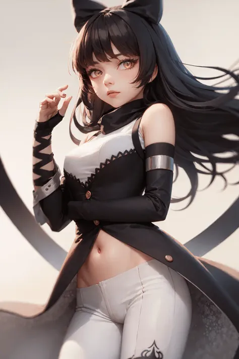 (masterpiece, best quality:1.2), <lora:rwby_belladonna-10:1>, cowboy shot, solo, 1girl, blake belladonna, expressionless, closed mouth, looking at viewer, black hair bow, white shirt, detached sleeve, pantyhose, legwear under white shorts