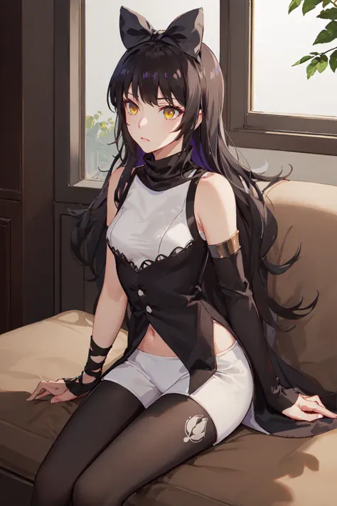 (masterpiece, best quality:1.2), <lora:rwby_belladonna-10:1>, solo, 1girl, blake belladonna, expressionless, closed mouth, looking afar, sitting, black hair bow, sleeveless shirt, detached sleeve, pantyhose, legwear under white shorts