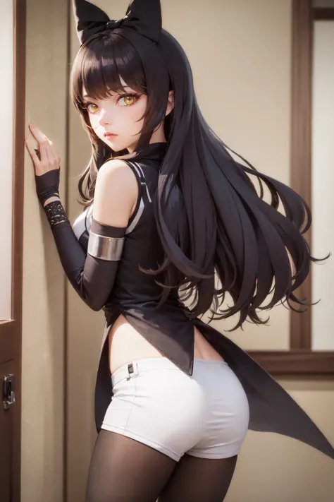 (masterpiece, best quality:1.2), <lora:rwby_belladonna-10:1>, cowboy shot, solo, 1girl, blake belladonna, expressionless, closed mouth, looking at viewer, black hair bow, white shirt, detached sleeve, pantyhose, legwear under white shorts