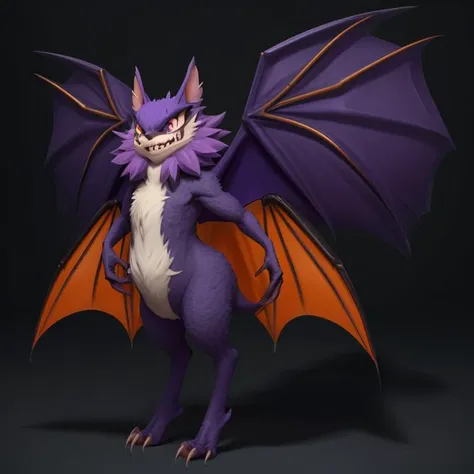pmmkr2024, magic, anime, cartoon, creature, best quality, trending on artstation, masterpiece, cute, orange bat, purple wings, big teeth