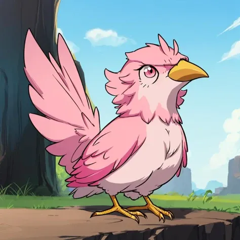 pmmkr2024, pink bird, sharp, anime, cartoon, creature, best quality, trending on artstation, masterpiece, cute,