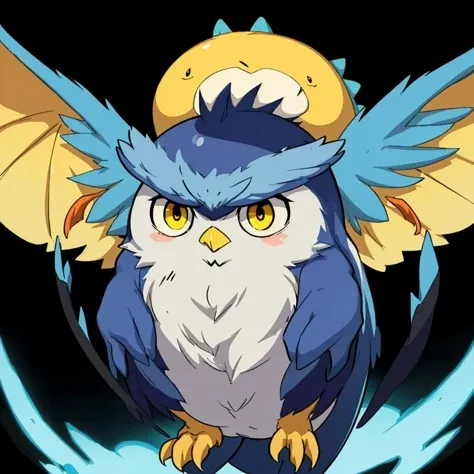 pmmkr2024, 1 blue owl, anime, cartoon, creature, best quality, trending on artstation, masterpiece, cute, yellow eyes, flying,