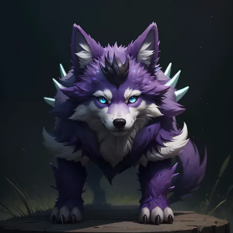 pmmkr2024, magic, anime, cartoon, creature, best quality, trending on artstation, masterpiece, cute, wolf, purple fur, spikey,<lora:pmmkr2024:0.8>,blue eyes,<lora:ral-crystals-sd15:0.5>,