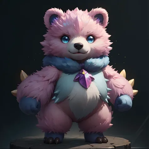 pmmkr2024, magic, anime, cartoon, creature, best quality, trending on artstation, masterpiece, cute, pink bear, purple fur, spikey,<lora:pmmkr2024:0.8>,blue eyes,<lora:ral-crystals-sd15:0.5>,