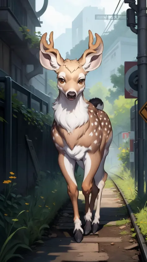 <lora:pmmkr2024:0.8>pmmkr2024 (Mule deer:1.3), magic, anime, cartoon, creature, best quality, cute, in railroad crossing, (Masterpiece:1.3) (best quality:1.2) (high quality:1.1)