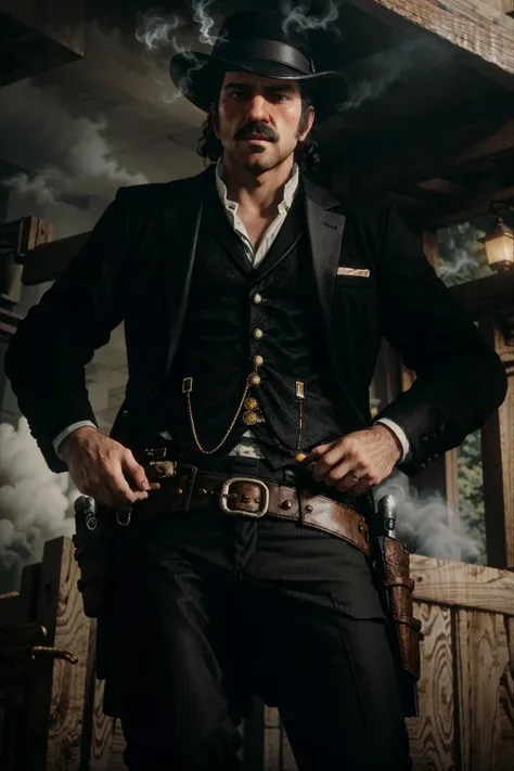 DutchRDR, 1boy, male focus, solo, facial hair, holster, weapon, gun, hat, cowboy western, belt, cigar, beard, handgun, cowboy hat, revolver, cigarette, pants, smoking, holstered weapon, bandolier, jacket, mustache, smoke, manly, shirt, standing, long sleeves, vest, black pants
<lora:epi_noiseoffset2:1>,   <lora:DutchRDR:0.7>