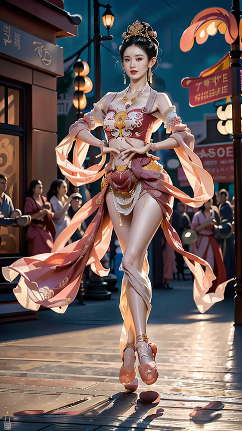 (goddess-like happiness,flirtatious ,seductive:1.4),(RAW photo:1.2),(photorealistic:1.6),(lens 135mm,f1.8:1.2),(ultimate quality, masterpiece:1.3),(intricate details:1.2),(detailed face:1.2),dramatic,ray tracing,fashion photograph,fFaceDetail,Full body,<lora:PerfectBreastsV4-offset:0.3:lbw=BODY>,<lora:Better hands loRA:0.6:lbw=HAND>,<lora:goodhands_Beta_Gtonero:0.5:lbw=HAND>,good hands,(nsfw),Sharp focus,cinematic lighting,
<lora:è¶é²æRosyZhao:0.8:lbw=FACE>,,
<lora:dunhuangV3:1:lbw=CLOTHING>,(dunhuang,dunhuang_face,Chinese Dunhuang Flying Fairy,floating clothes,floating flower,pov legs,thighs,dunhuang cloths,hanfu,waist cape,strapless,navel,robe:1.2),<lora:zanhua_v1:0.5>,zanhua,<lora:dancer:0.65:lbw=POSE>,dancing,
(1girl,solo,outdoors,dancing,street,night time:1.6),confident smile,beautful face,(large breasts, narrow waist:1.2),sexy body,perfect body,shiny hairs,hair ornament,earrings,necklace,jewelry,confident,showcasing,buzzing atmosphere,
(anatomically correct hands:1.5),(anatomically correct feet:1.5),(elegant hands:1.4),
