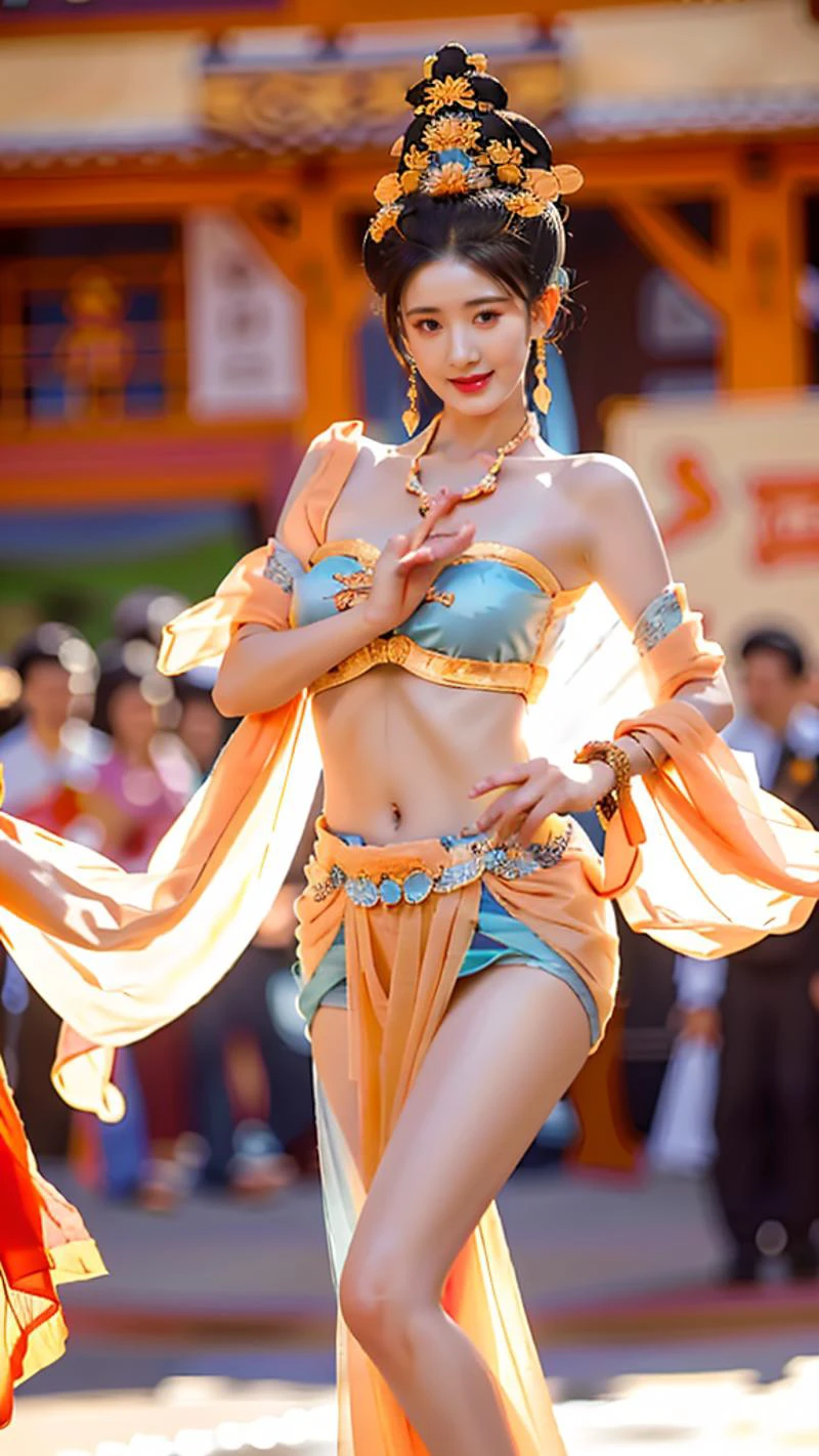 (goddess-like happiness,flirtatious ,seductive:1.4),(RAW photo:1.2),(photorealistic:1.6),(lens 135mm,f1.8:1.2),(ultimate quality, masterpiece:1.3),(intricate details:1.2),(detailed face:1.2),dramatic,ray tracing,fashion photograph,fFaceDetail,Full body,<lora:PerfectBreastsV4-offset:0.3:lbw=BODY>,<lora:goodhands_Beta_Gtonero:0.5:lbw=HAND>,good hands,(nsfw),<lora:inniesbettervaginas_v11:0.3:lbw=BODY>,<lora:PinkNipples:0.3:lbw=BODY>,pnl,Sharp focus,cinematic lighting,
<lora:è¶é²æRosyZhao:0.8:lbw=FACE>,,
<lora:dunhuangV3:0.8>,(dunhuang,dunhuang_face,Chinese Dunhuang Flying Fairy,floating clothes,floating flower,pov legs,thighs,dunhuang cloths,hanfu,waist cape,strapless,navel,robe:1.2),
(1girl,solo,outdoors,dancing crowd street:1.6),confident smile,beautful face,(large breasts, narrow waist:1.2),sexy body,perfect body,shiny hairs,hair ornament,earrings,necklace,jewelry,confident,showcasing,buzzing atmosphere,