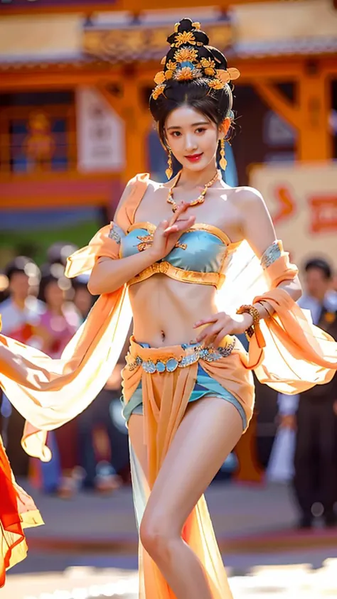 (goddess-like happiness,flirtatious ,seductive:1.4),(RAW photo:1.2),(photorealistic:1.6),(lens 135mm,f1.8:1.2),(ultimate quality, masterpiece:1.3),(intricate details:1.2),(detailed face:1.2),dramatic,ray tracing,fashion photograph,fFaceDetail,Full body,<lora:PerfectBreastsV4-offset:0.3:lbw=BODY>,<lora:goodhands_Beta_Gtonero:0.5:lbw=HAND>,good hands,(nsfw),<lora:inniesbettervaginas_v11:0.3:lbw=BODY>,<lora:PinkNipples:0.3:lbw=BODY>,pnl,Sharp focus,cinematic lighting,
<lora:è¶é²æRosyZhao:0.8:lbw=FACE>,,
<lora:dunhuangV3:0.8>,(dunhuang,dunhuang_face,Chinese Dunhuang Flying Fairy,floating clothes,floating flower,pov legs,thighs,dunhuang cloths,hanfu,waist cape,strapless,navel,robe:1.2),
(1girl,solo,outdoors,dancing crowd street:1.6),confident smile,beautful face,(large breasts, narrow waist:1.2),sexy body,perfect body,shiny hairs,hair ornament,earrings,necklace,jewelry,confident,showcasing,buzzing atmosphere,