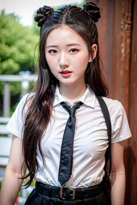 masterpiece, best quality, 1girl, aqua eyes, black hair, closed mouth, multicolored background, looking at viewer, outdoors, solo, upper body, alluring, clean, beautiful face, pure face, pale skin, sexy pose,((school uniform)),double bun, ((perfect female figure)), mature female, milf, narrow waist, chinese deity