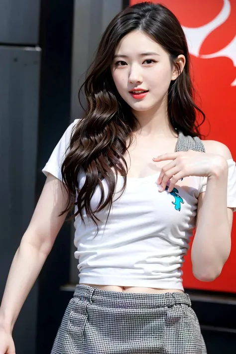 masterpiece, best quality, 1girl, aqua eyes, black hair, closed mouth, multicolored background, looking at viewer, outdoors, solo, upper body, alluring, clean, beautiful face, pure face, pale skin, sexy pose,((miniskirt,shirt,)),long hair, ((perfect female figure)), mature female, milf, narrow waist, chinese deity, smile,