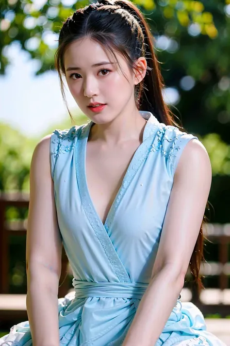 masterpiece, best quality, 1girl, aqua eyes, black hair, closed mouth, multicolored background, looking at viewer, outdoors, solo, upper body, alluring, clean, beautiful face, pure face, pale skin, sexy pose,ponytail, ((perfect female figure)), mature female, milf, narrow waist, chinese deity,