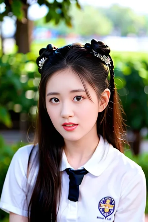 <lora:rosyZhao_rosyZhao:0.9>,masterpiece, best quality, 1girl, aqua eyes, black hair, closed mouth, multicolored background, looking at viewer, outdoors, solo, upper body, alluring, clean, beautiful face, pure face, pale skin, sexy pose,((school uniform)),double bun, ((perfect female figure)), mature female, milf, narrow waist, chinese deity