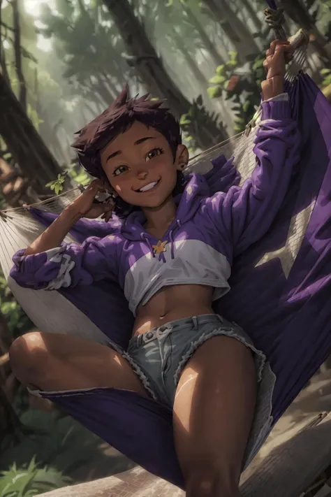 (AS-YoungV2:1.2)  high quality 3d image of <lora:luz_noceda:0.7>, close up, smiling, looking at the camera, masterpiece, high detail, shorts, hoody, in a forest, exposed midriff, ((hands above head)), <lora:relaxing_on_hammock:0.7> , ((lying)) in a (((hammock))), dynamic lighting, high contrast,, petite, blue jeans short