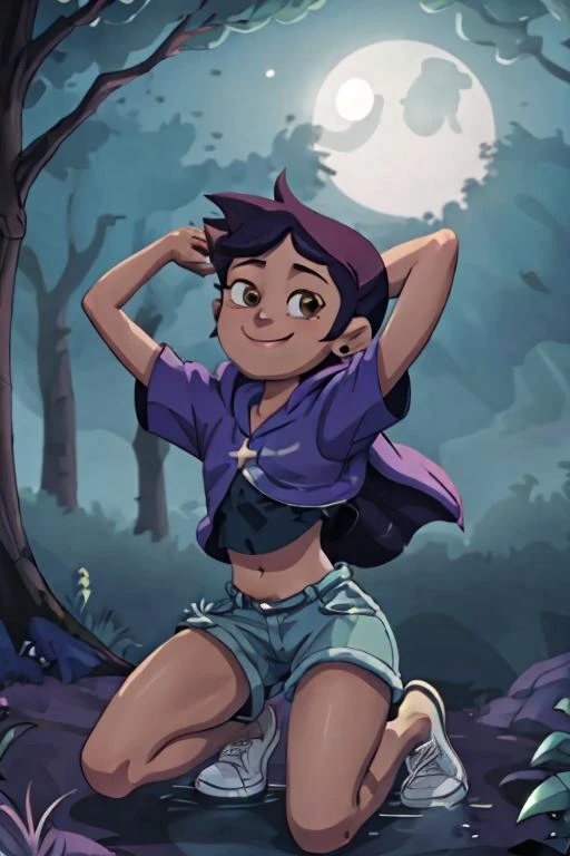 (AS-YoungV2:1.2) high quality 3d image of <lora:luz_noceda:0.7>, close up, smiling, looking at the camera, masterpiece, high detail, shorts, hoody, in a forest, exposed midriff, ((hands above head)), <lora:relaxing_on_hammock:0.7> , kneeling next to a lake, dynamic lighting, high contrast,, petite, blue jeans short, short sleeves